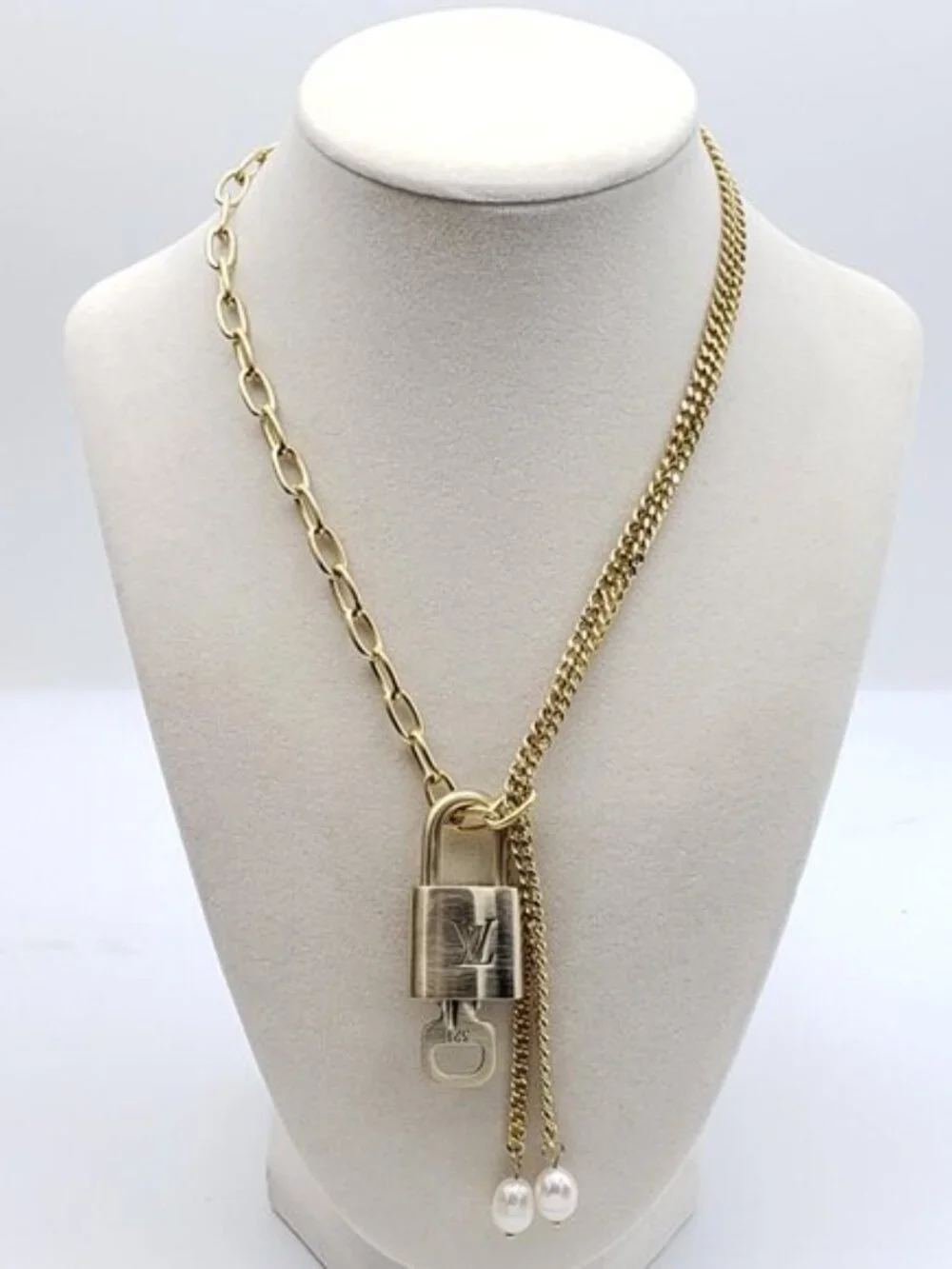 Stainless Steel Gold-Plated Necklace with Authentic Louis Vuitton Padlock